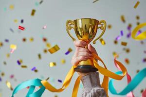 ai généré la victoire fête avec d'or trophée et confettis photo