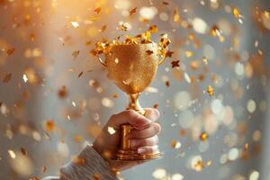 ai généré la victoire fête avec d'or trophée et confettis photo