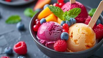 ai généré coloré fruit sorbets avec Frais baies et menthe photo