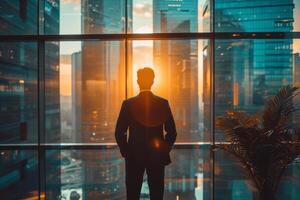 ai généré homme d'affaire contemplant paysage urbain de gratte-ciel bâtiment photo