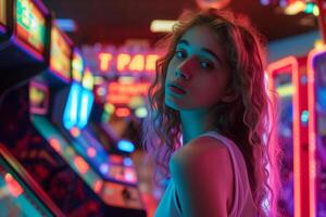 ai généré une fille en jouant dans une rétro Jeu centre avec néon lumières et arcade Machines photo