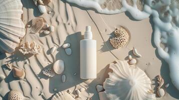 ai généré Vide blanc bouteille cosmétique soin de la peau maquillage conteneurs pour produit présentation sur blanc le sable plage photo