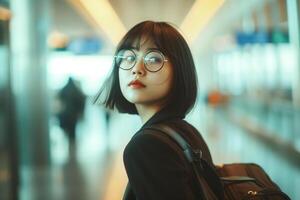 ai généré une Dame avec à la mode bob coiffure et des lunettes en marchant par le aéroport photo