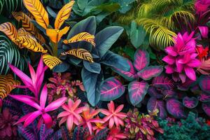ai généré coloré tropical jardin plein de brillant exotique coloré les plantes photo