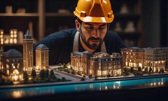 ai généré architecte homme avec sécurité casque et 3d construction projet photo