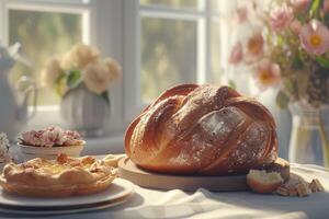 ai généré pain de pain sur le tableau, tartes sur une assiette proche et fleurs par le brouiller fenêtre sur une ensoleillé journée photo