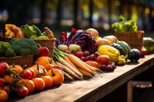 ai généré tomber récolte marché avec des légumes et des fruits photo