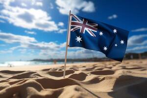 ai généré content Australie journée avec nationale drapeau sur plage le sable photo