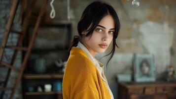 ai généré une magnifique femme avec noir cheveux dans une Jaune cardigan des stands dans une style loft pièce et regards à le caméra photo