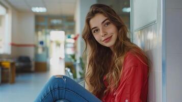 ai généré une magnifique fille est assis dans ligne près le médecins Bureau et regards dans le caméra, souriant photo