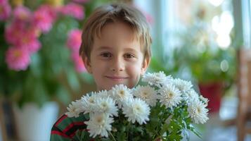 ai généré une 10 ans garçon détient dans le sien mains une bouquet de chrysanthèmes cette il amené pour le sien mère photo