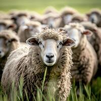 ai généré une troupeau de mouton volonté être enregistré sur le brillant vert olympique Prairie photo
