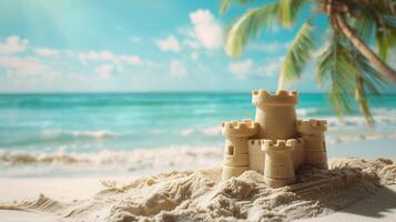 ai généré une Facile le sable Château sur le océan. une paume arbre est visible derrière photo