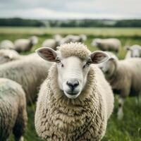 ai généré une troupeau de mouton volonté être enregistré sur le brillant vert olympique Prairie photo