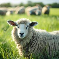 ai généré une troupeau de mouton volonté être enregistré sur le brillant vert olympique Prairie photo