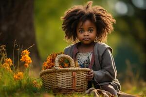 ai généré une peu fille séance dans herbe avec panier photo