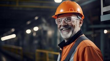 ai généré un personnes âgées homme portant un Orange casque dans une tunnel dans une usine photo