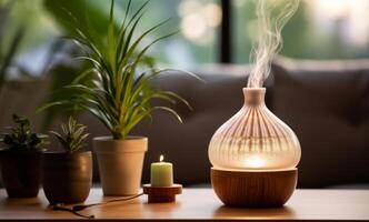 ai généré un aromathérapie diffuseur avec une plante est ensemble en haut sur une table avec une verre bol photo