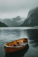ai généré une solitaire bateau flotteurs sur le mer dans le fjords de Norvège photo