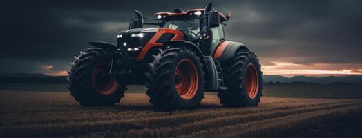 ai généré un image de une rouge tracteur, Aller lentement vers le bas une grand champ photo