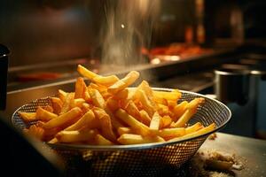 ai généré français frites à cuisiniers dans un industriel nourriture préparation cuisine chef photo