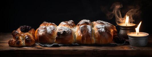 ai généré nourriture Pâtisserie prêt pour cuisson avec un ouvert flamme sur une en bois surface photo