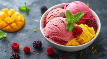 ai généré été baie et mangue la glace crème bol photo