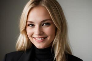 ai généré portrait magnifique blond modèle Jeune femme avec blanc les dents sourire, en bonne santé longue cheveux et beauté peau. concept de La publicité dentiste et faciale se soucier. génératif ai photo