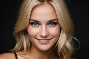 ai généré portrait magnifique blond modèle Jeune femme avec blanc les dents sourire, en bonne santé longue cheveux et beauté peau. concept de La publicité dentiste et faciale se soucier. génératif ai photo