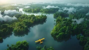 ai généré 3d le rendu de dense tropical forêt tropicale avec des lacs en forme de comme monde continents, des nuages, et un petit Jaune avion. durable habitat concept. photo