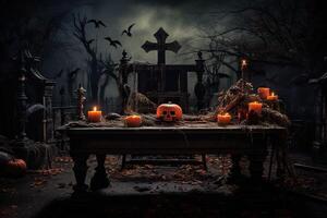 ai généré Halloween concept, sombre forêt et cimetière photo