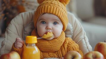 ai généré bébé portant tricoté chandail séance dans haute chaise sentiment affamé, en portant cuillère et en mangeant purée, profiter Pomme jus et l'eau dans Jaune bouteille, posant isolé sur blanc Contexte. photo