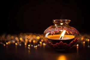 ai généré coloré diya les lampes allumé pendant diwali fête photo
