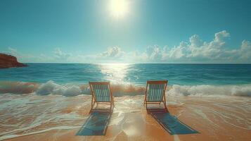 ai généré imaginatif tropical paysage. chaises sur le le sable plage près le mer. été vacances concept. photo