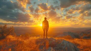 ai généré le coucher du soleil sur une désert Roche par une Jeune homme photo