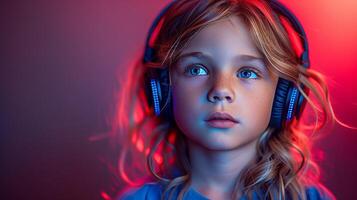 ai généré studio coup de une Jeune garçon écoute à la musique en dessous de néon lumières. une portrait de le enfant avec écouteurs contre une rouge et violet Contexte. photo