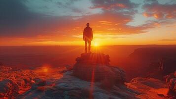 ai généré le coucher du soleil sur une désert Roche avec une Jeune homme permanent là photo