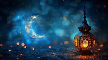 ai généré lune, arabe lanternes, et abstrait défocalisé lumières - Ramadan kareem - eid ul fitr photo