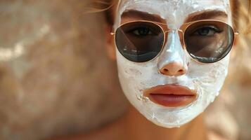 une magnifique femme est relaxant avec une masque sur sa visage et des lunettes de soleil. photo