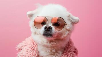 ai généré marrant blanc duveteux chien habillé dans le style de une disco Danseur photo