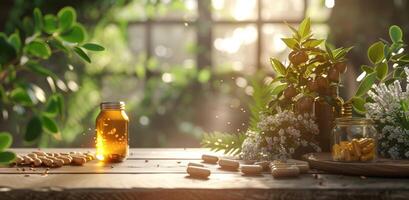 ai généré santé suppléments et herbes à le table sur une en bois table photo