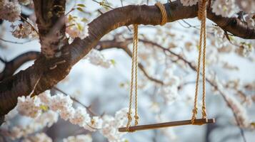 ai généré corde balançoire pendaison sur une branche de une grand Cerise fleur arbre photo