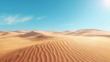 ai généré le immensité de une désert paysage, avec imposant le sable dunes élongation à le horizon en dessous de une clair bleu ciel photo