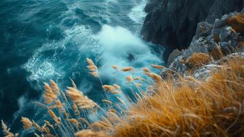 ai généré le robuste beauté de une côtier à flanc de falaise, battu par vagues photo