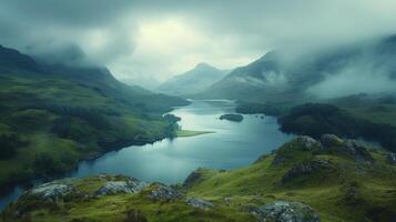 ai généré le robuste beauté de le Écossais hauts plateaux, avec enveloppé de brume montagnes et chatoyant lacs élongation photo
