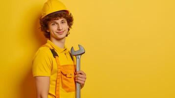 ai généré une Jeune Beau homme dans une Jaune construction casque. photo