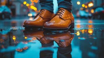 ai généré le réflexion de ville lumières dans brillant cuir chaussures, une moderne Urbain torsion sur classique élégance photo