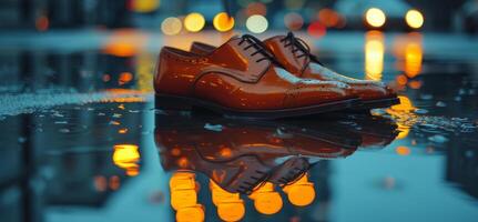 ai généré le réflexion de ville lumières dans brillant cuir chaussures, une moderne Urbain torsion sur classique élégance photo