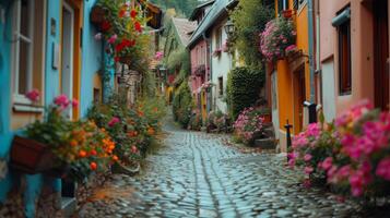 ai généré une enroulement pavé rue dans une européen village, doublé avec coloré Maisons et épanouissement fleur des boites photo