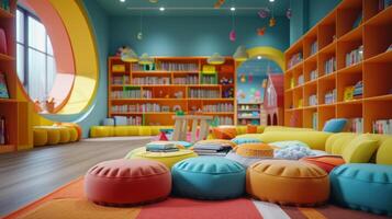 ai généré une enfants section dans le bibliothèque, rempli avec coloré livres et espiègle décor à inspirer Jeune esprits photo